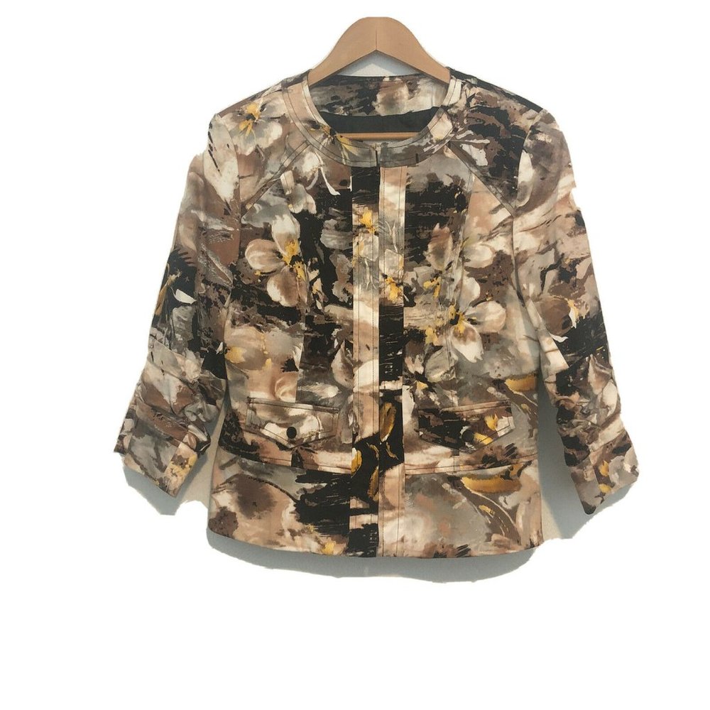 Coldwater Creek All Over Floral Zip Up Jacket Rouched Sleeves Women’s 8